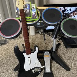 Xbox 360 Rock Band 1& 2 Wireless band Kit Guitar Drums Mic Game Bundle