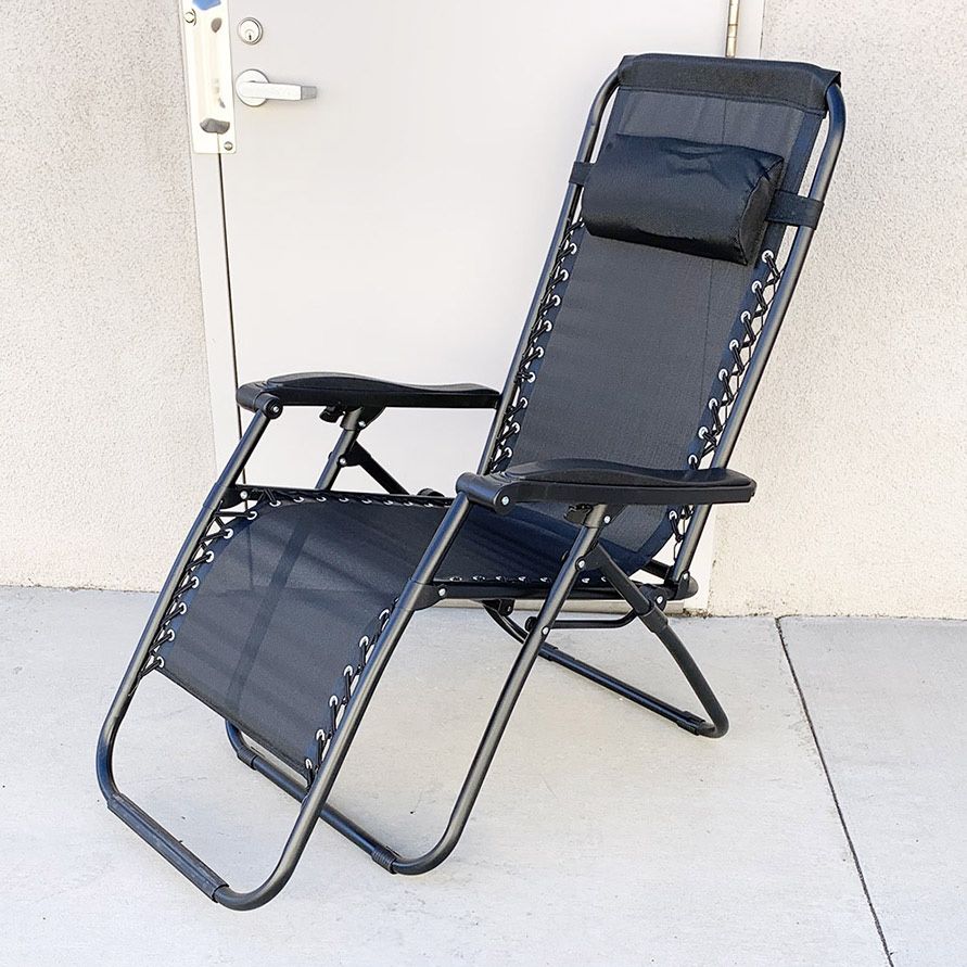 (Brand New) $40 Folding Zero Gravity Outdoor Recliner Patio Lounge Chair Adjustable Headrest Textilene Mesh - Black