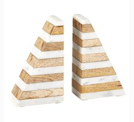 Stylish White Marble & Wood Pair of Bookends / Table Decor  by 42 & Main
