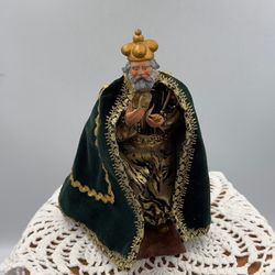 G. Devouassoux King Melchior Nativity Figurine Green Gold Fabric Cape Christmas