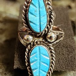 Sterling Silver Southwestern Turquoise Leaves Size 7