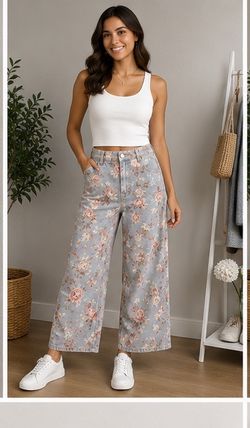 🌼✨ NEW Floral Denim Pants ✨🌼  Beautiful women’s floral wide leg jeans 💙🤍 Perfect casual style for summer, vacations, shopping days or everyday out