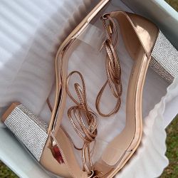 NEW Sparkling Open Toe Heels Gold Ankle Strap Shimmering Rhinestones 2.75in Sz 10.5