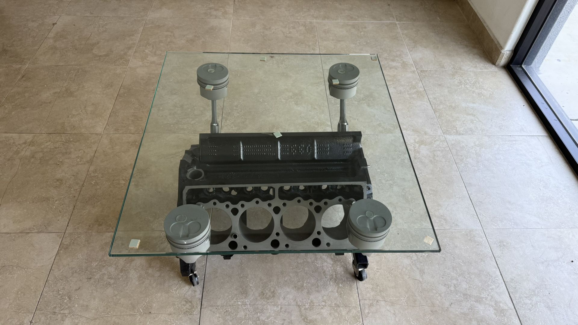 Engine With Pistons Glass Top Table