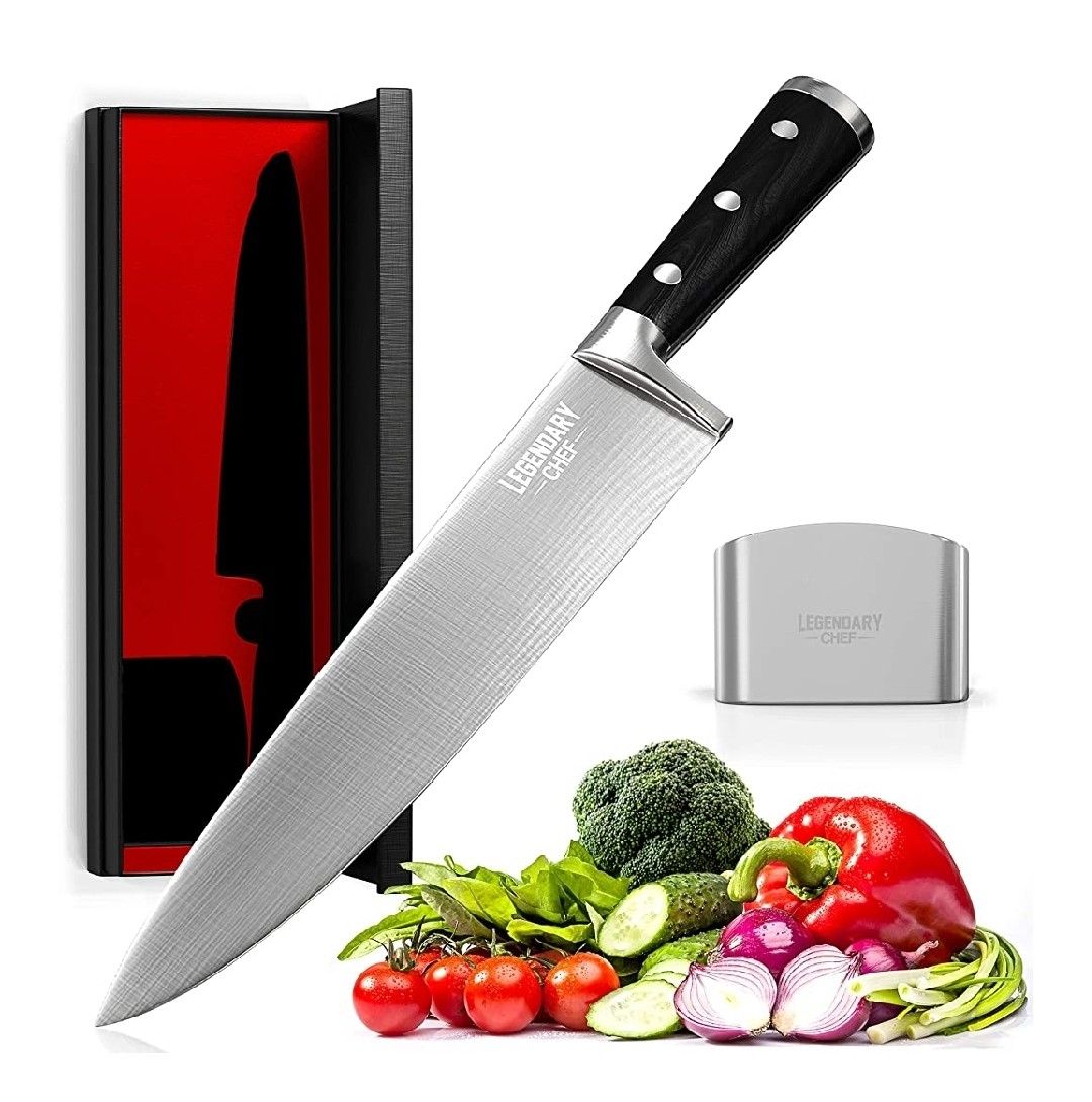 Super Sharp 8 Inch Chef Knife with Finger Guard. Triple Rivet Black Walnut Handle