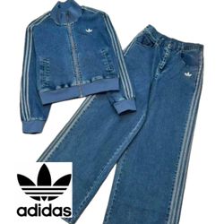 Adidas Denim Track Suit Set 3 Stripe Jacket Pants S 25x34 Rare NWT