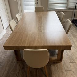 Beautiful Wooden Table With Linen Chairs For 6