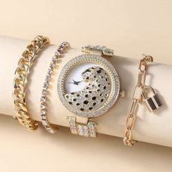 *Great Gift 🎁 Crystal Cheetah Style Watch With 3 Bracelets  *See My Other 800 Items*