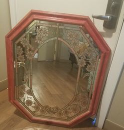 Pastel Blue Bonnets Octagon Wooden Oak Frame Wall Mirror 38"h x 28"w
