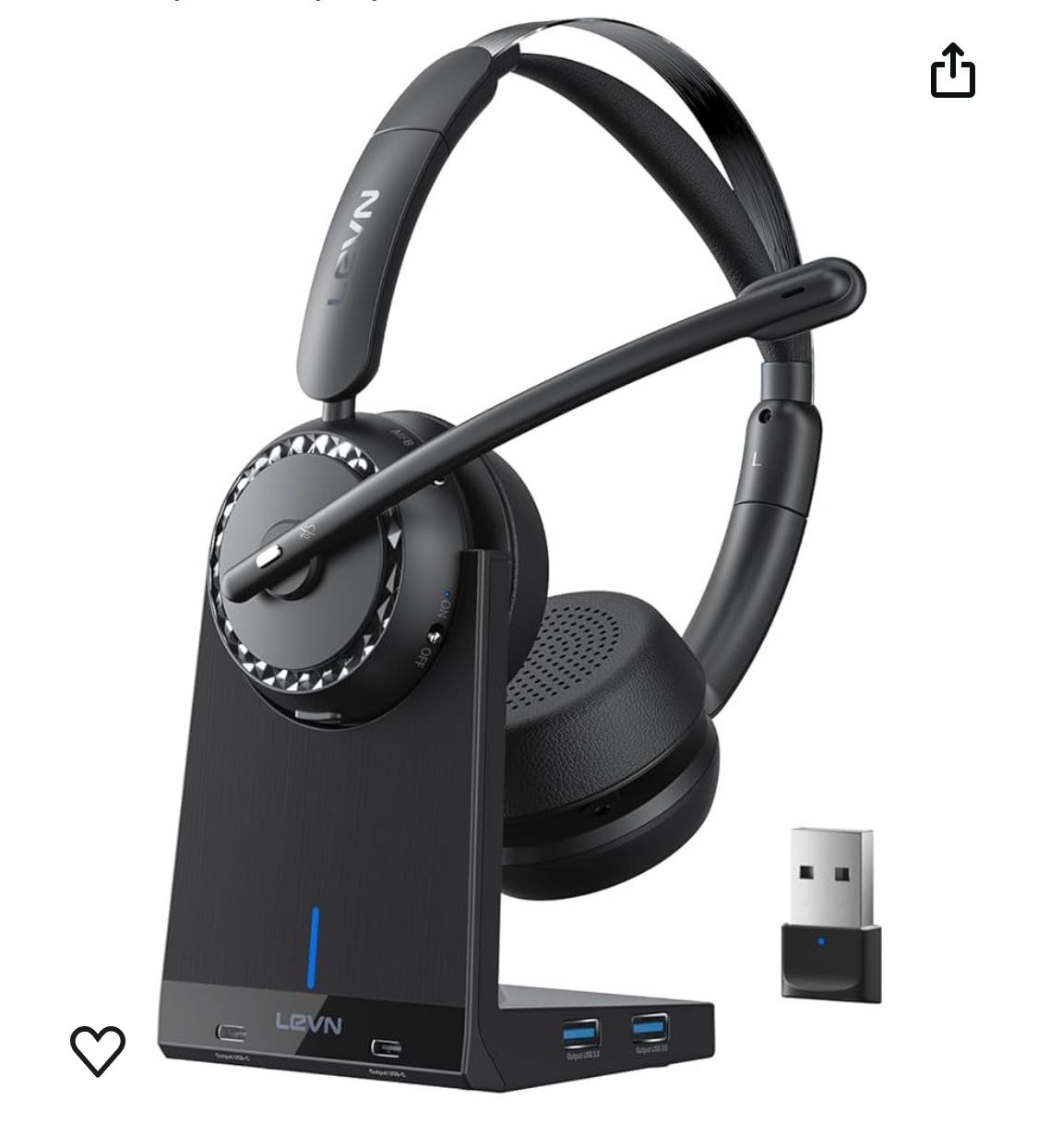 LEVN Wireless Headset, Bluetooth 5.2 Headset with Microphone (AI Noise Cancelling), 4 USB 3.0 Ports, 65 Hrs Working Time, Wireless Headset with Mic fo
