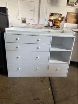 MONSLIPA Nursery Dresser, Baby Dresser with 5 Drawers and 2 Shelves, White Wooden Dresser for Storage, Bedroom Nursery, White (47.2"L x 19.7"W x 33.3"