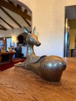 Vintage Solid Brass Laying Deer - (Brass Screw Missing on One Side)