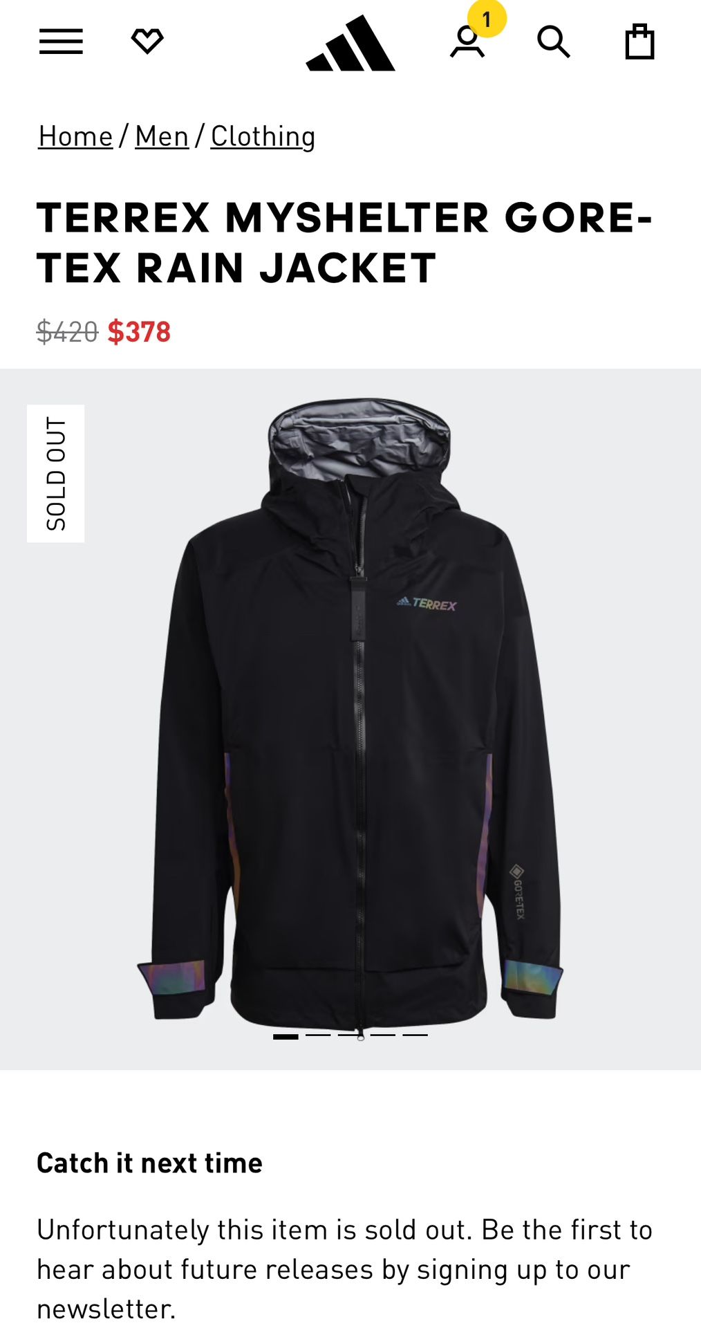 Adidas Terrex Myshelter Gore-Tex GTX Rain Coat Jacket Men's XL New Black Hiking