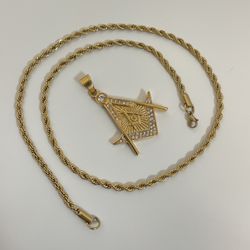 Mason Pendant with 14K Gold Plated Rope Necklace 4mm 24" Chain Set for Men or Women