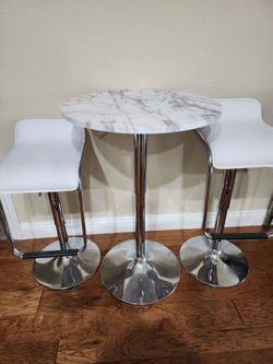 Faux marble -top Bar Table with 2 White Stools