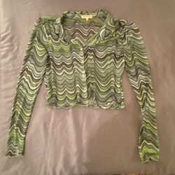 Ultra flirt wavy green and black sheer button down crop top size m