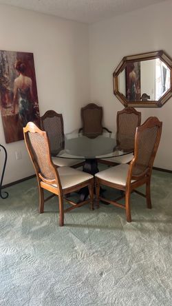 Glass top table, walnut pedestal, 6 chairs