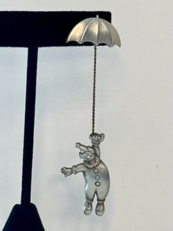 Vintage JJ Pewter Clown With Umbrella Pin Brooch Silver Tone Moveable EUC