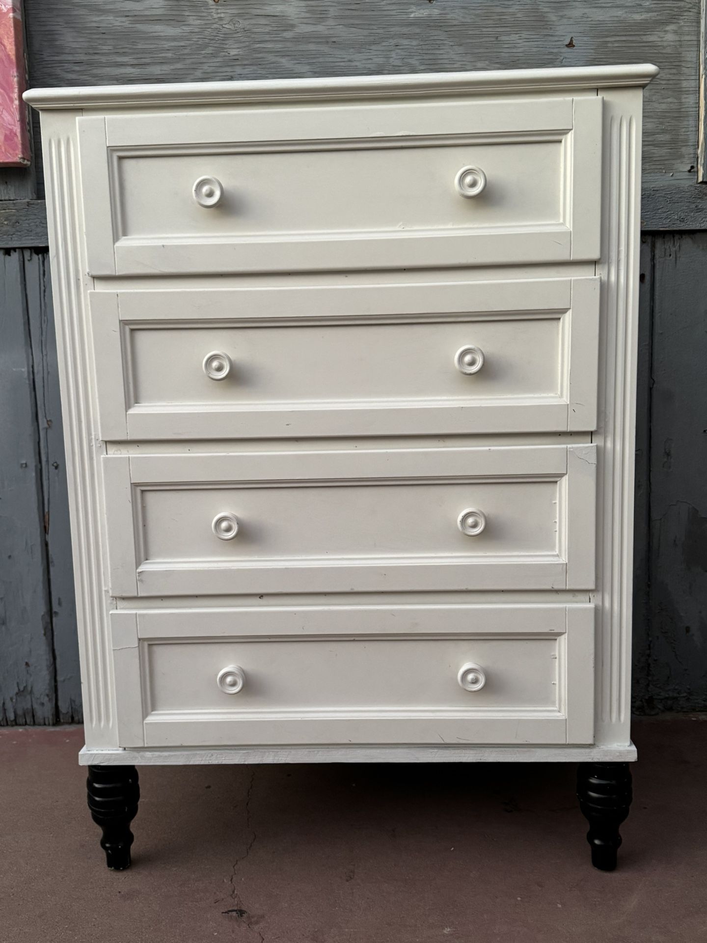 White Tall Dresser With Four Drawers In Good Condition All Drawers Open Just Fine