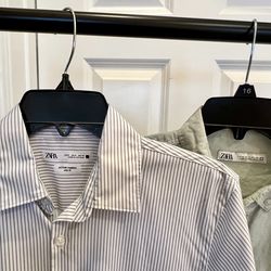 (2) Stylish ZARA long sleeve button-up shirt. Has white and grey vertical stripes. This is a slim fit shirt, size USA S (EUR S, MEX 38).l