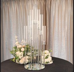 10-Arm Crystal Cluster Taper Candelabra Round Design with Mirror Base 47" Clear - Radiant Candle Holder Table Centerpiece for Votive & Pillar Candles