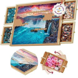 1000 Piece Rotating Puzzle Board with 1500 Piece Wooden Jigsaw Puzzle Board - 6 Drawers, Preassembled Rotating Puzzle Table | 35” X 28” Jigsaw Puzzle 
