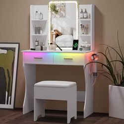 New Small Vanity Desk with Mirror and Lights, Makeup Vanity with LED Lights, White Vanity Mirror with Lighted Desk and Chair, 3 Lighting Adjustable Co