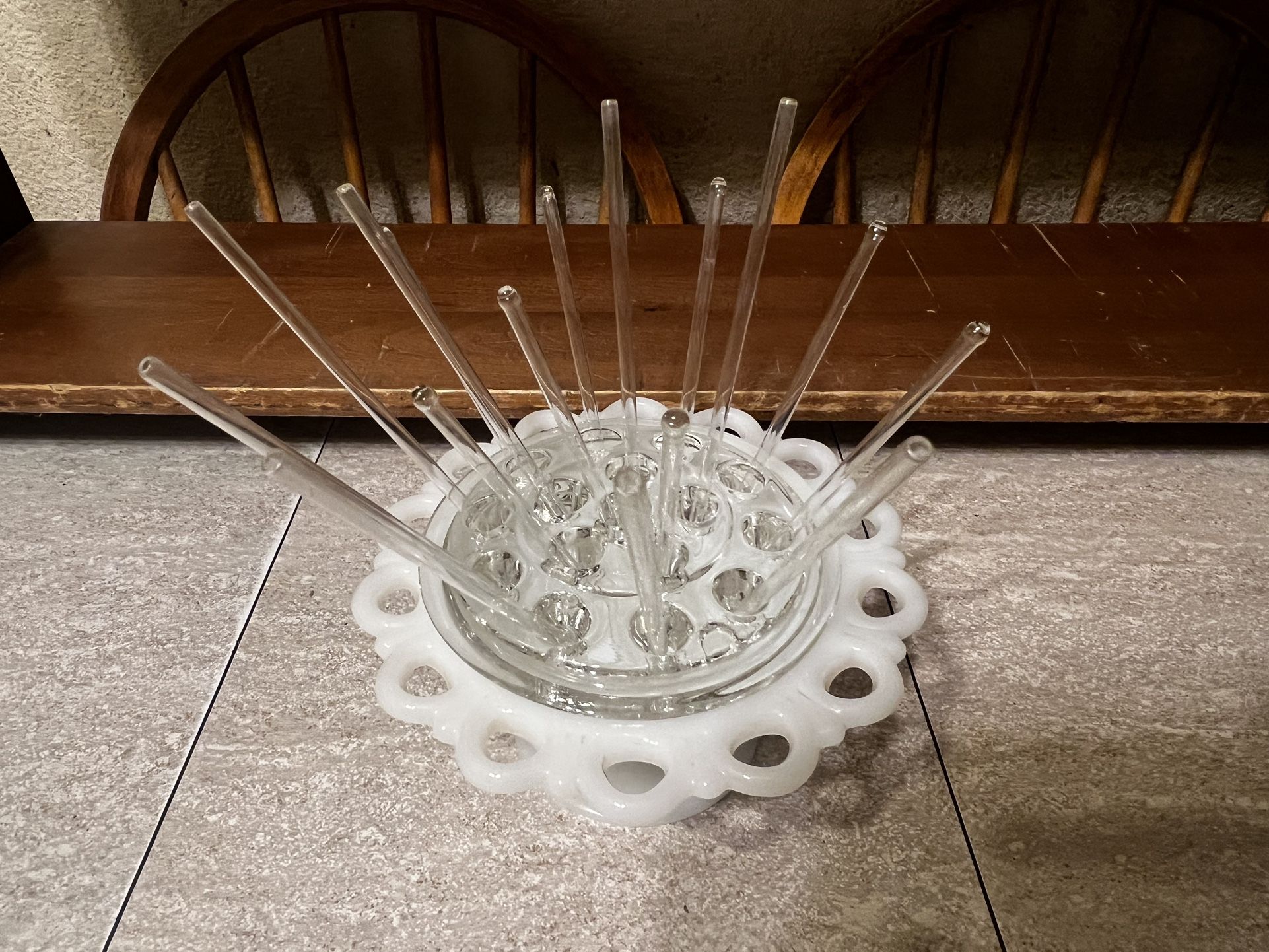 Vintage Milk Glass Flower Arrangement Bowl with Glass Frog + Tubes – 1940s Westmoreland