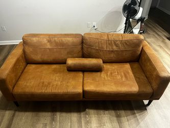 Tan Leather Two-Seat Sofa