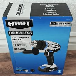Brand New Hart Brushless 1/2" Hammer Drill Kit Cordless 20V System With Battery, Fast Charger, Storage Bag