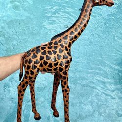 🦒Vintage 26” Hand Painted Leather Giraffe Statue 