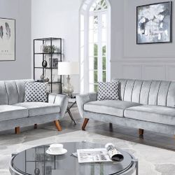 ✅️✅️2 pc grey velvet fabric mid century modern sofa and love seat set Langley street wooten✅️✅️