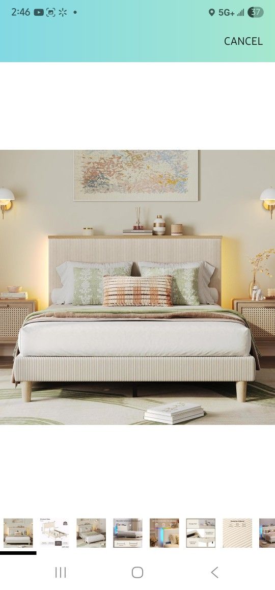 Bestier Twin Size Bed Frame Upholstered Corduroy Platform Bed with LED light & Adjustable Storage Headboard for Bedroom, Cream