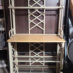 Metal Bakers Rack Kitchen Storage Shelf Microwave Stand Wood Top

