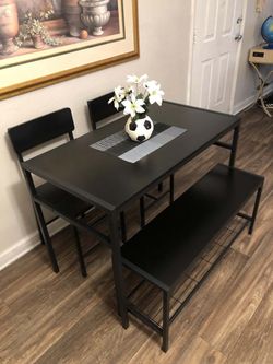 Like New Small Black Dining Table Set With 2 Chairs And A Bench