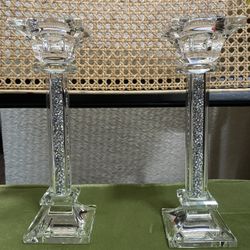 Set of 2 Glass Crystal Candle Holders 