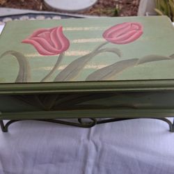 Vintage Green Tulip Wooden Box