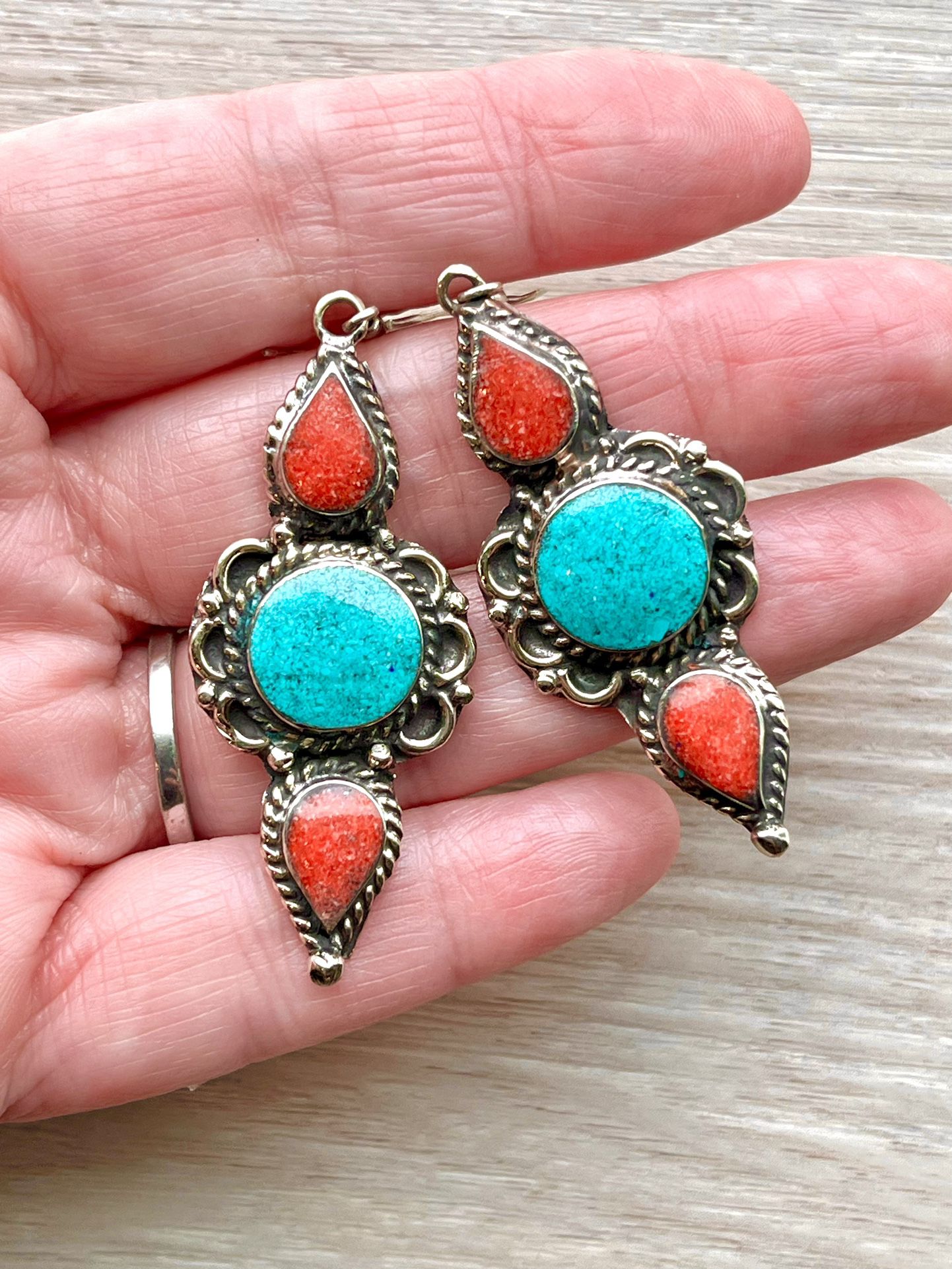 Southwest Tibetan Silver Natural Crushed Turquoise & Coral 2” Earrings