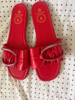 Red Slide Sandals with Rhinestone Detail