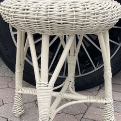 $25 Each. Coastal White Wicker Vanity Stool, Footstool, Side Table, Rattan Child’s Chair Plant Stand, MCM Magazine Holder Rack Or Zen Buddha $25 Each!
