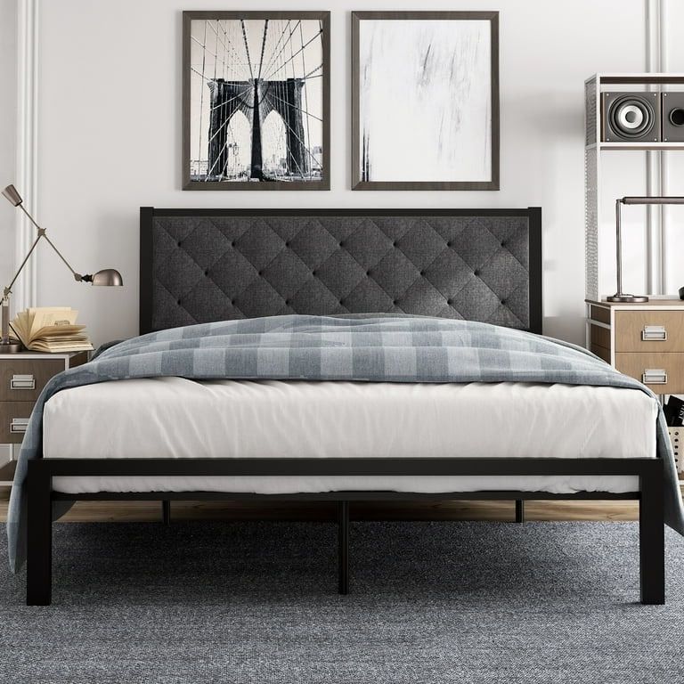 Full Size Metal Bed Frame with Upholstered Headboard, Dark Grey