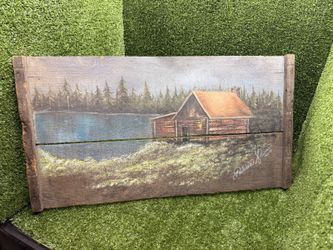 Vintage 1985 Signed Cabin Lake Landscape Painting on Rustic Wood Panel Folk Art