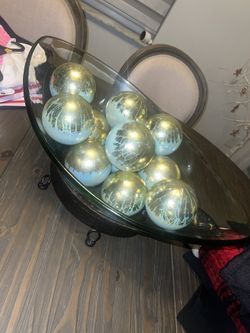 Glass Decor With Glass Ball Teal And Gold, Metal Brown Bottom