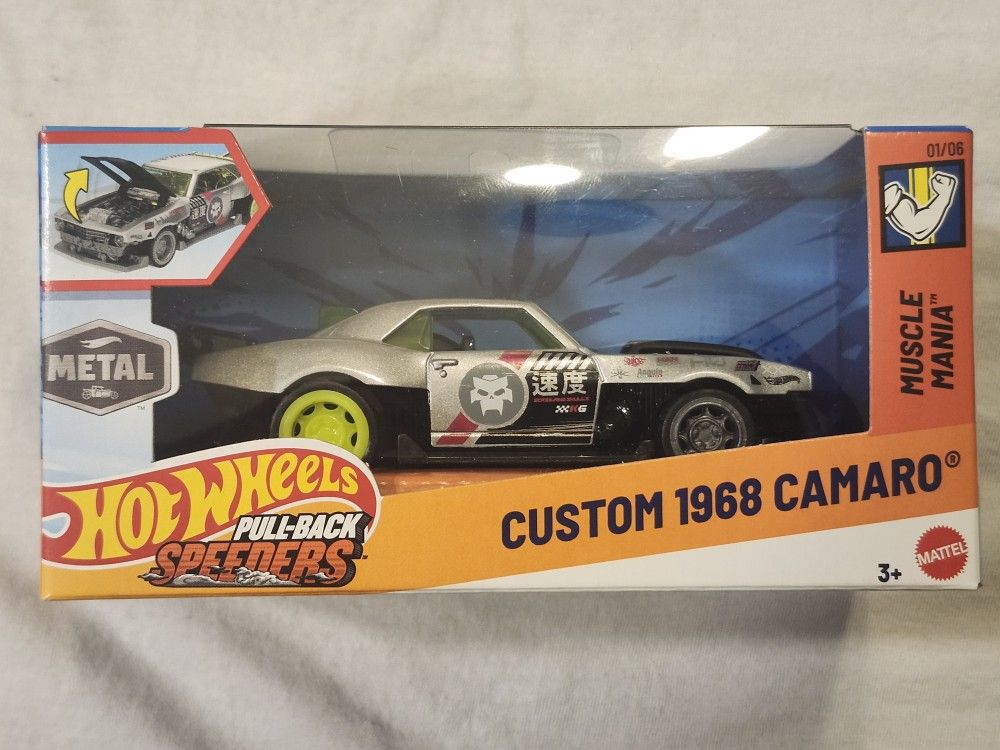 HOT WHEELS METAL DIECAST 1;43 SCALE. PULL BACK SPEEDERS. MUSCLE MANIA. 1968 CUSTOM CAMARO.