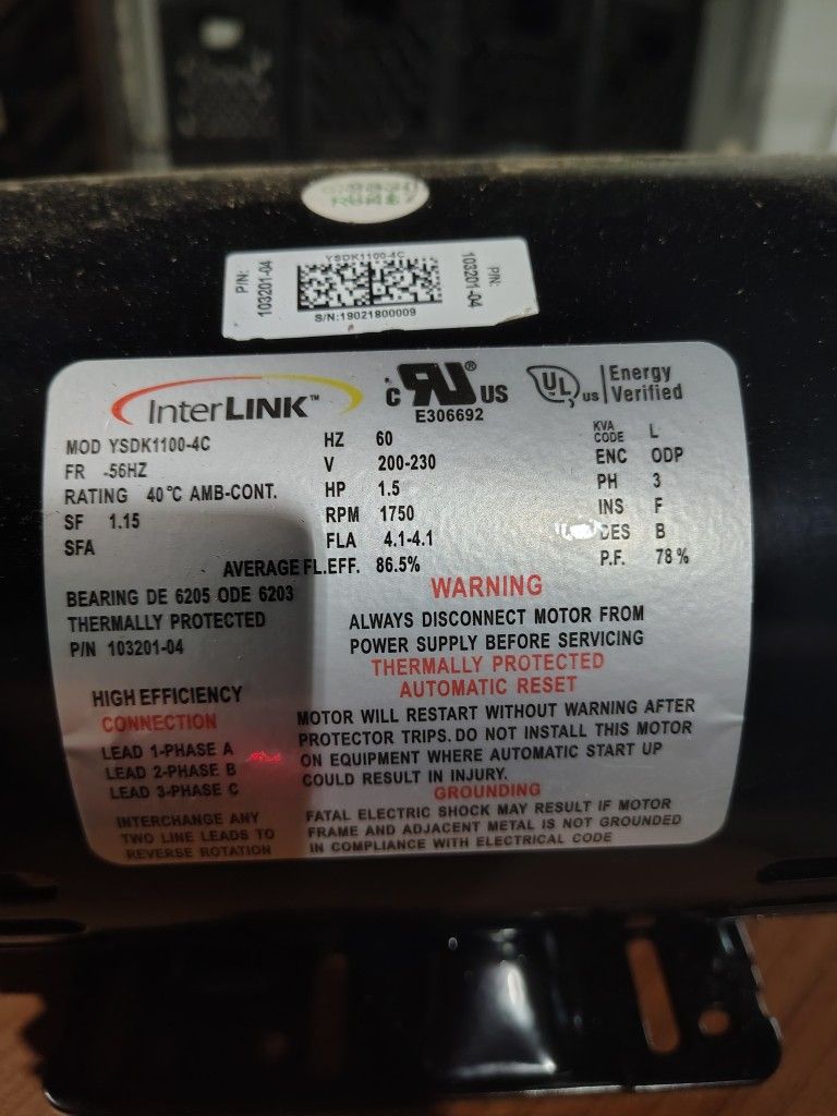 Interlink YSDK750-4C Electric Motor w Pulley
