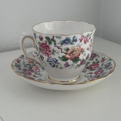 CROWN STAFFORDSHIRE TEACUP & SAUCER FLORAL CHINTZ BONE CHINA ENGLAND