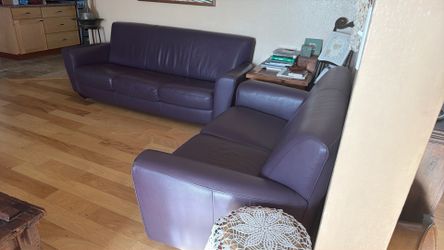Vintage Custom Hand Made Italian Leather Couch And Loveseat. Eggplant Purple