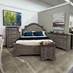 Lodenbay Antique Gray Upholstered Panel Bedroom Set Bed, Dresser, Mirror, Nightstand, Chest 