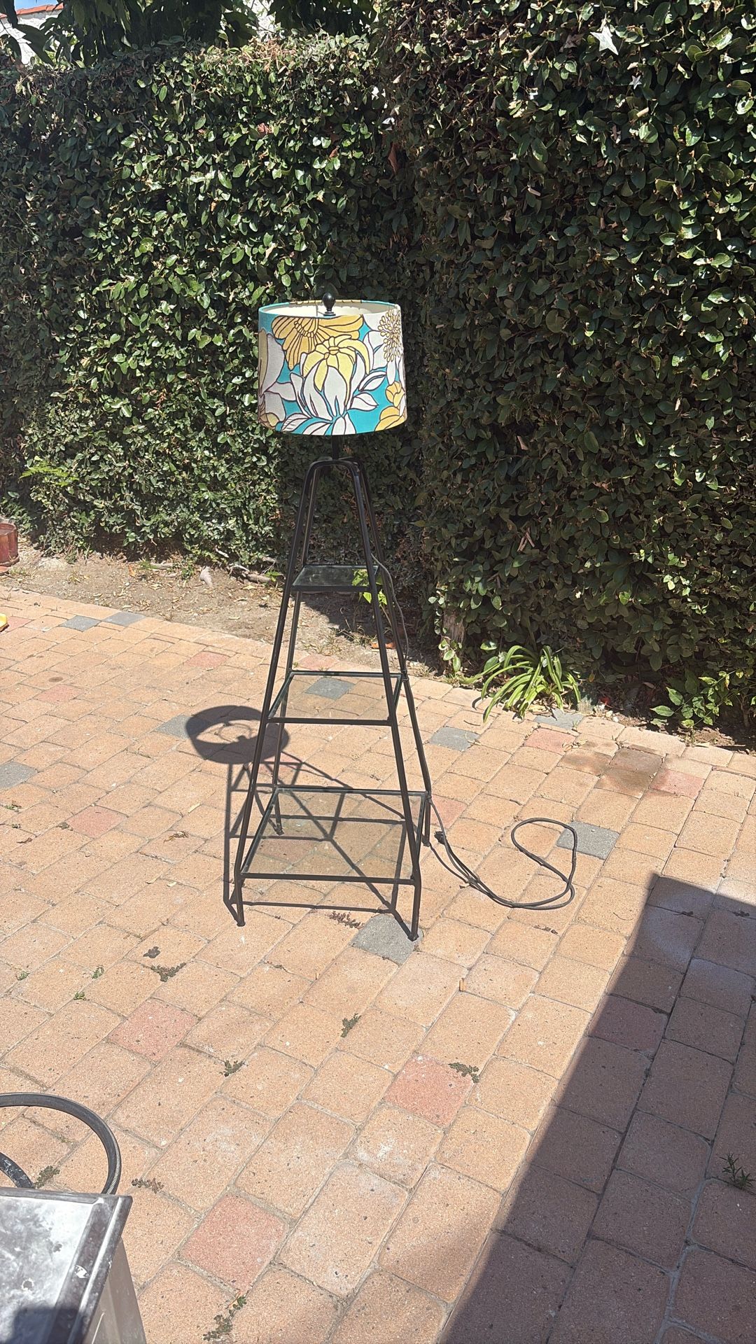 Pottery Barn wrought-iron pyramid Style étagère Floor lamp w/ glass shelves (early 2000s)