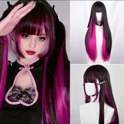 Long Black And Magenta Pink Wig
